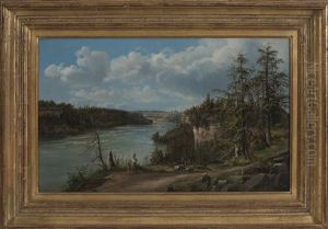 View Of The Niagara River With Steamboat And Suspension Bridge Over The Gorge by Ferdinand Richardt