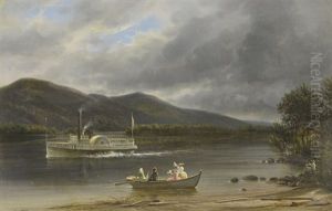 Missouri River Landscape With Figures On The Shore And In A Rowboat Waving To The Minnehaha Side-wheeler Steamer Ferry by Ferdinand Richardt