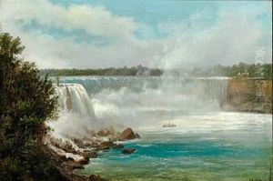View Of Niagara Falls Seen From Prospect Point On The American Side. To The Left The Terrapin Tower Above The Fall. The Boat In The Water Is Maid Of Mist by Ferdinand Richardt