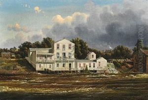 Niagara River View With Visitors On The Veranda Of A Hotel