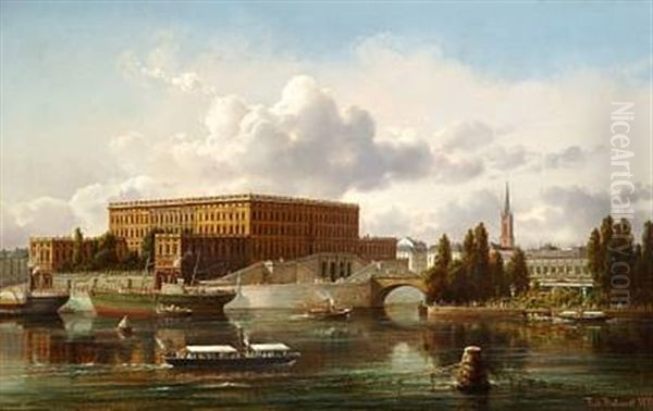 Parti Af Stockholms Slot Med Ridderholmens Kirke Og Ridderhuset I Baggrunden. Tilhoire I Billedet Sees Stromparterret, Hvorfra Farten Med Dampbaadene Gaaer Til Djurgarden - view 1