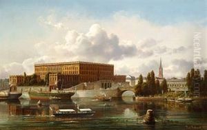 Parti Af Stockholms Slot Med Ridderholmens Kirke Og Ridderhuset I Baggrunden. Tilhoire I Billedet Sees Stromparterret, Hvorfra Farten Med Dampbaadene Gaaer Til Djurgarden by Ferdinand Richardt