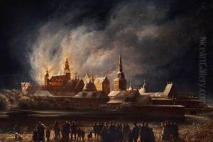 The Citizens Of The Town Of Hillerod Are Looking At The Fire That Overtakes The Castle Frederiksborg The Night Between The 17th And 18th December by Ferdinand Richardt