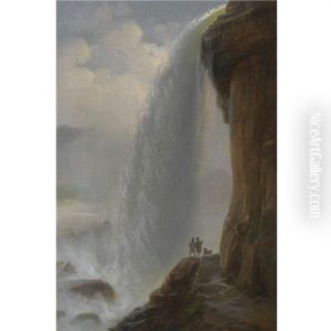 To Maend Med En Hund Ved Niagra Vandfaldet (two Men With A Dog By Niagara Falls) by Ferdinand Richardt