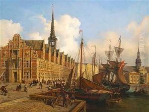 Parti Fra Borsen Med Rigt Folkeliv, I Baggrunden Det Gamle Christiansborg, Til Hojre Ses Holmens Kirke by Ferdinand Richardt
