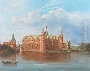 Parti Fra Frederiksborg Slot, I Forgrunden Et Selskab I En Robad Pa Soen