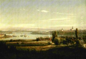Dansk Kobstad Ved En Fjord, I Forgrunden Spadserende Damer by Ferdinand Richardt