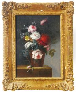 Roses And Peonies In A Pitcher On A Ledge
