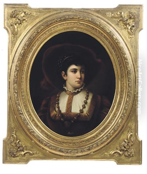 Portrait Of A Lady In A Red Dress And Hat, A Medallion At Her Corsage - view 1