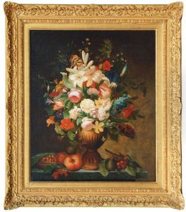 Flower Still Lives In Metal Vases On Marble Pedestals (+ Another; Pair) by Josse Francois Joseph le Riche