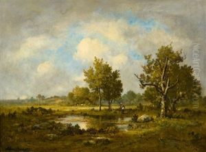A Wooded Landscape With A Pond And Woman by Leon Richet