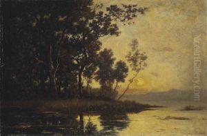 Sunset Over A Lake by Leon Richet