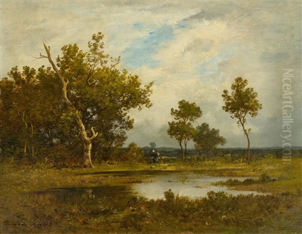 Woman Collecting Firewood Near A Pond - view 1