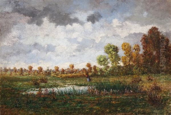 Herbstliche Landschaft Mit Weiher Und Bauerin - view 1