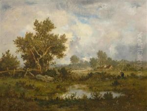 Woman Gathering Brushwood Near A Pond Woman Gathering Brushwood Near A Pond