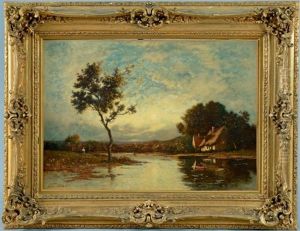 Chaumiere Et Paysanne Au Bord D'un Etang by Leon Richet