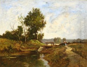 Young Girl Walking Along A Stream Path by Leon Richet