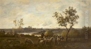 Berger Et Son Troupeau A Barbizon by Leon Richet