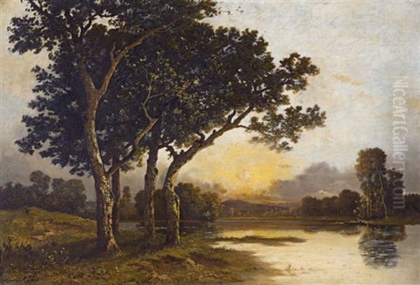 Bord D'etang Le Soir Avec Pecheurs - view 1