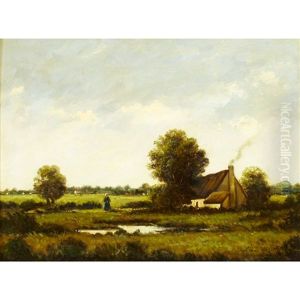 Woman By A Farm In The Barbizon Countryside by Leon Richet