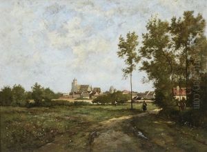 View Of A Town From A Road by Leon Richet