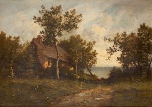 Baumreiche Landschaft Mit Bauernhaus Und Blick Auf Einen See by Leon Richet