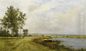Flusslandschaft Mit Kirchdorf Flusslandschaft Mit Kirchdorf