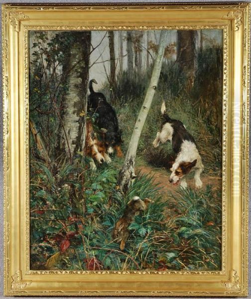 Hounds Chasing Rabbit In Forest Landscape - view 1