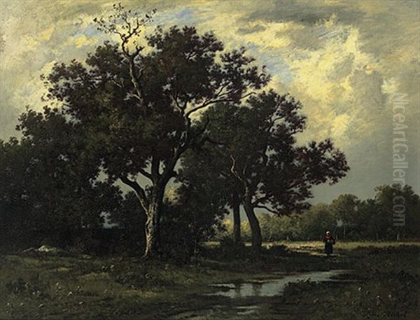 Sommerliche Parklandschaft Mit Holzleserin. Prachtvoller Sonniger Lichteinfall - view 1