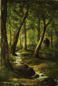 Waldlandschaft Mit Bachlauf Und Jungem Paar by Leon Richet