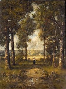 Sommerliche Waldpartie Mit Reisigsammlerin Sommerliche Waldpartie Mit Reisigsammlerin
