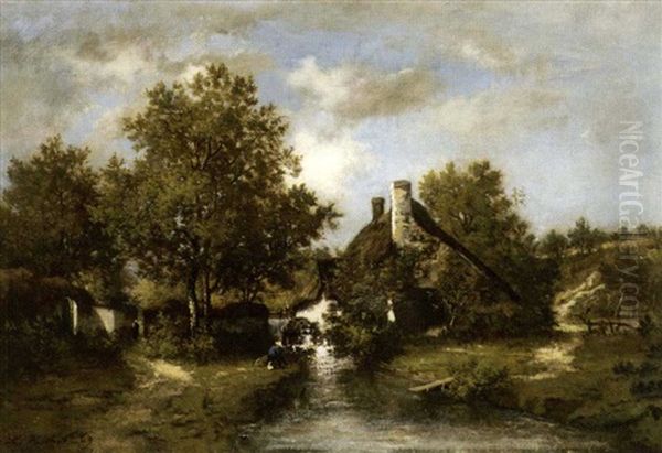 A Figure Fishing By A Cottage On A Stream - view 1