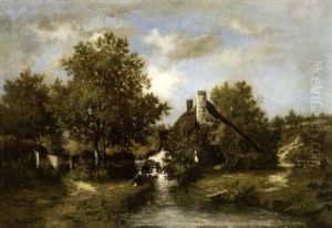 A Figure Fishing By A Cottage On A Stream