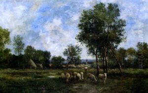 Bergere Et Moutons Au Paturage by Leon Richet