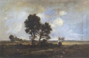 Reisigsammlerin Bei Einer Baumgruppe In Weiter Landschaft by Leon Richet