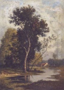 Landschaft Mit Teich Und Fischer by Leon Richet
