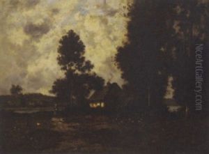 A Shepherdess Near A Cottage In A Forest Landscape by Leon Richet
