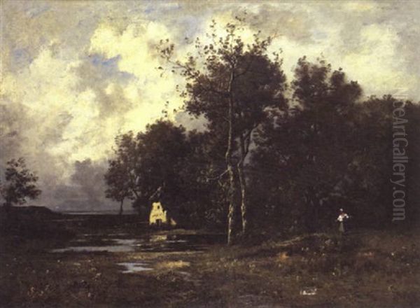 A Faggot Gatherer In A Wooded Clearing, A Cottage Beyond - view 1