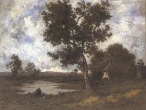 La Lavandiere Pres D'une Chaumiere by Leon Richet