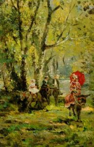Auf Eseln Reitende Herrschaften In Einem Park by Leon Richet