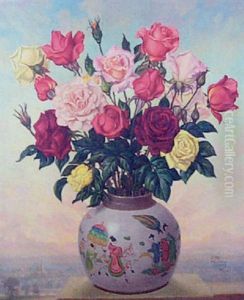 Still Life Of A Vase Of Roses, A Landscape Beyond Still Life Of A Vase Of Roses, A Landscape Beyond