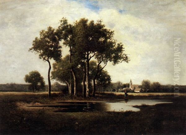A Tranquil Landscape With A Figure By A Pond In The Foreground And Church Beyond - view 1