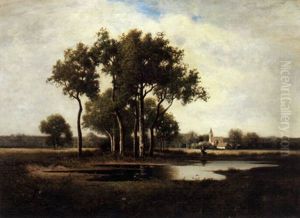 A Tranquil Landscape With A Figure By A Pond In The Foreground And Church Beyond by Leon Richet