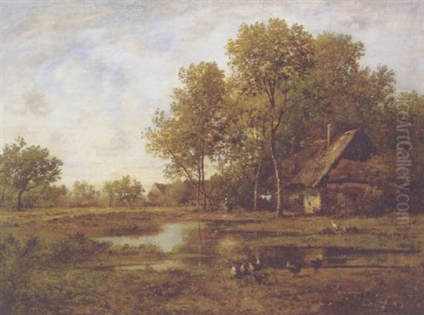 A Cottage In A Farm Landscape With Chickens Feeding - view 1