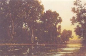 A Man Rowing His Boat Along A River At Dusk