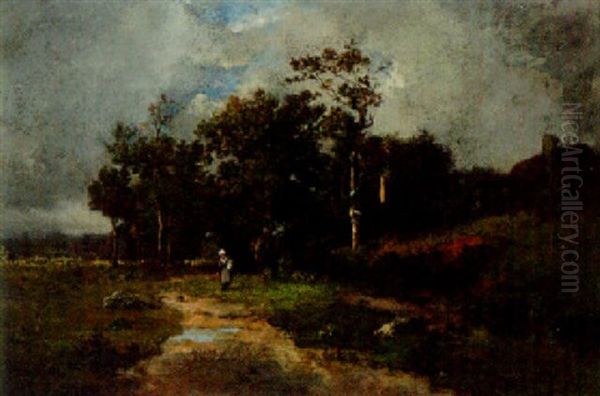 A Woman On A Path In A Wooded Landscape - view 1