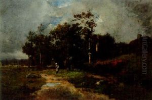 A Woman On A Path In A Wooded Landscape by Leon Richet