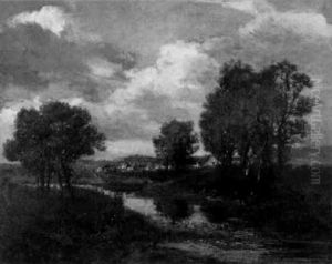 Beschauliche Fluslandschaft Mit Kuhen An Der Tranke by Leon Richet