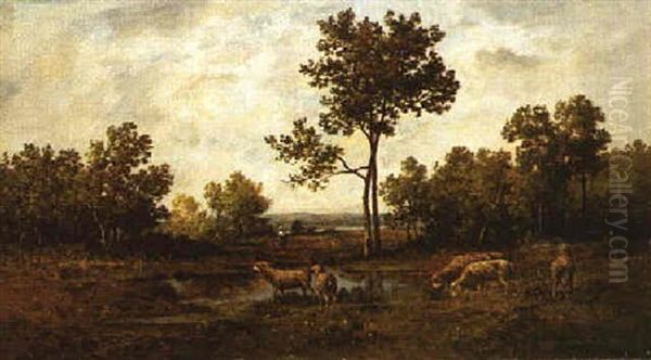 Shepherdess And Sheep By A Wooded Pond - view 1