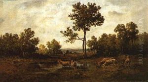 Shepherdess And Sheep By A Wooded Pond Shepherdess And Sheep By A Wooded Pond